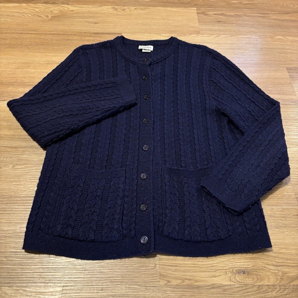 Vintage 70s Cuddle Knit Cardigan Sweater Women's Small Navy Blue Cable Knit